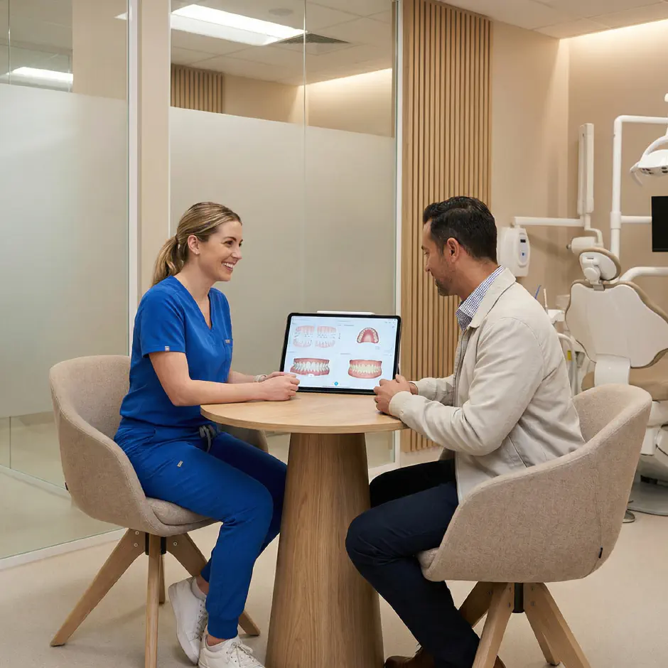 Hygienist reviewing a clear aligner treatment plan with a patient on a tablet
