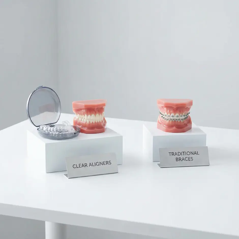 Dental models side by side: a clear aligner case and traditional metal braces