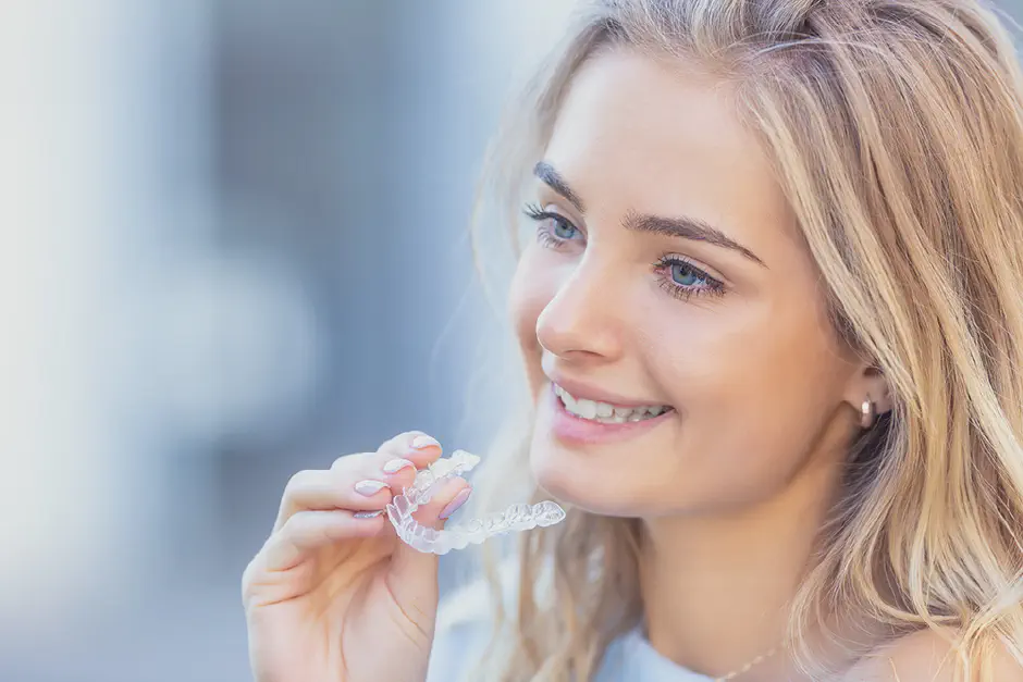 A happy teen girl wearing clear aligners