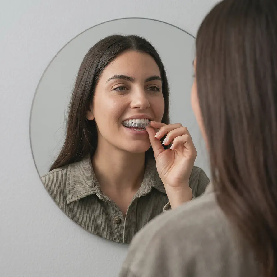 Woman placing a clear aligner over her teeth in front of a mirror