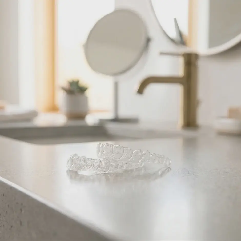 A set of clear aligners resting on a bathroom counter