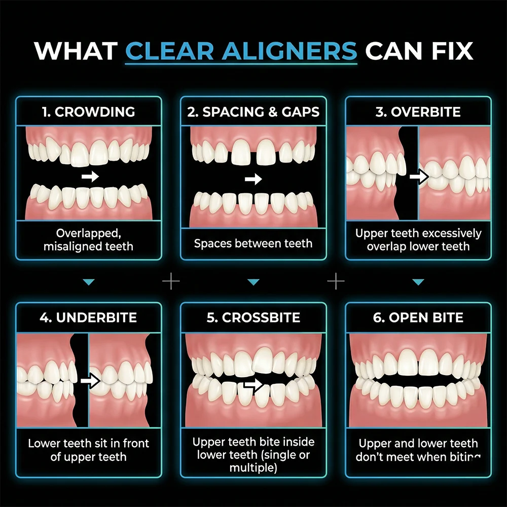 Before and after clear aligner treatment results showing straighter teeth