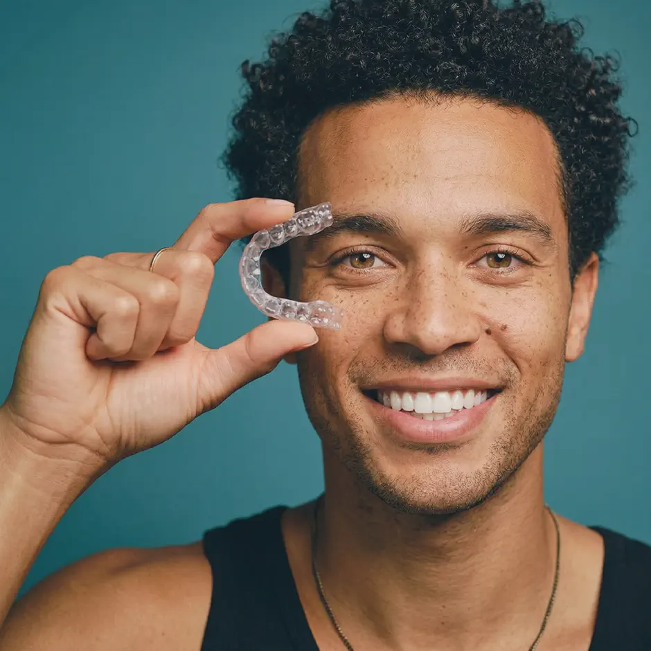Young man holding up his clear aligner and smiling