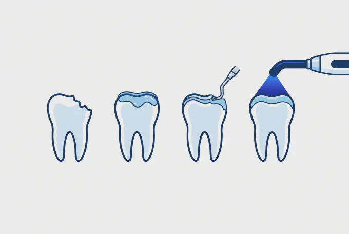 The four stages of dental bonding: a chipped tooth, etching gel applied, composite resin sculpted into shape, and the curing light hardening it