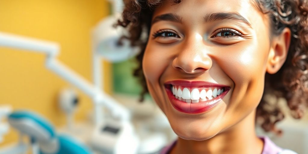 Person smiling with white teeth in a dental office.