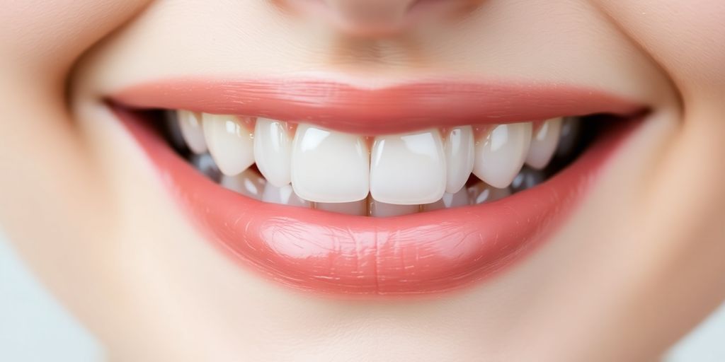 Bright smile with flawless dental veneers, close-up view.