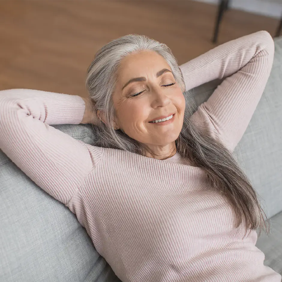 laid back confident portrait mature businessman happy about his dental implant