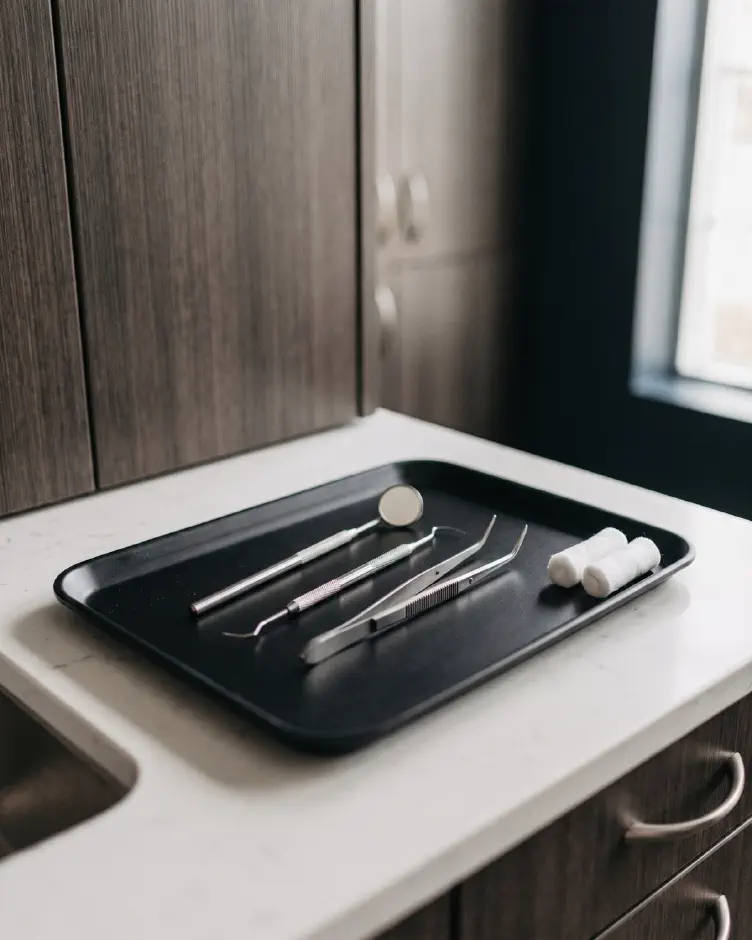Dental mirror, explorer and cotton pliers on an instrument tray