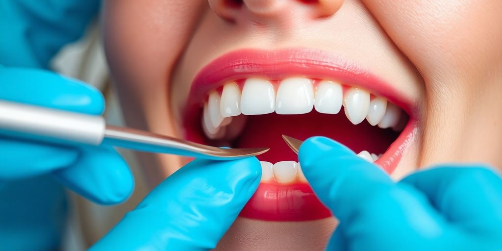 Close-up of dental filling procedure in a clinic.