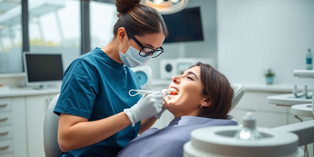 Dental office with dentist preparing for teeth cleaning.