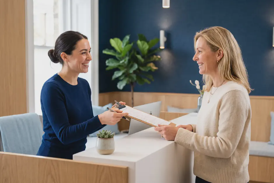A receptionist welcomes a new patient at the front desk